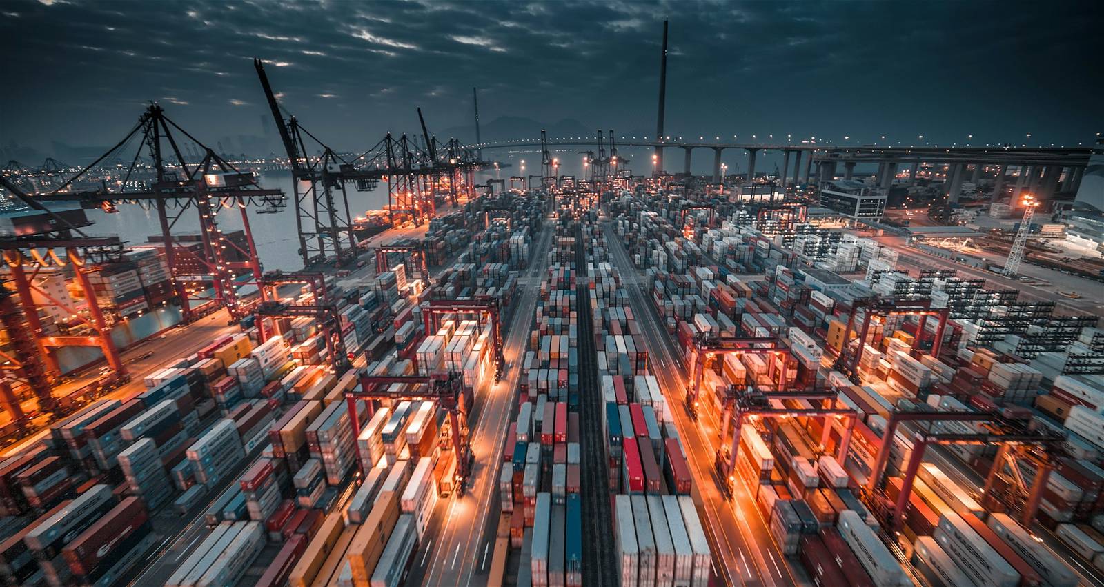 Container terminal at dusk